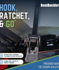 Close-up view of heavy duty retractable ratchet straps for boats, 72 inch, 1400 lbs break strength, bolt on transom tie down.