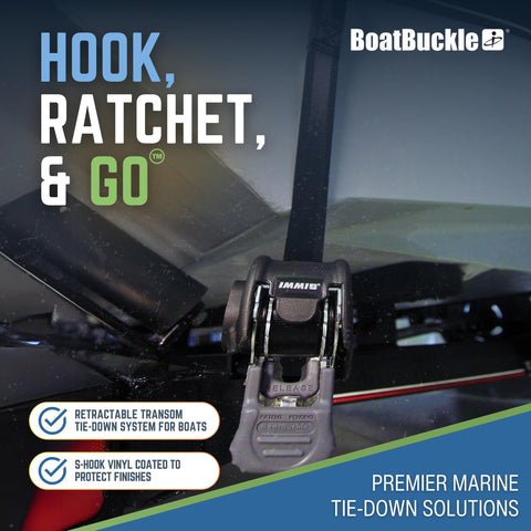 Close-up view of heavy duty retractable ratchet straps for boats, 72 inch, 1400 lbs break strength, bolt on transom tie down.