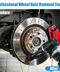 Wheel Hub Cleaning Tool And Resurfacing Kit with 7 Pads in use, showing rust removal on a wheel hub with power drill