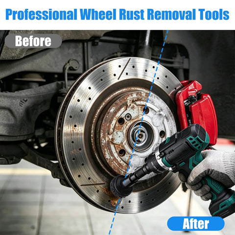 Wheel Hub Cleaning Tool And Resurfacing Kit with 7 Pads in use, showing rust removal on a wheel hub with power drill