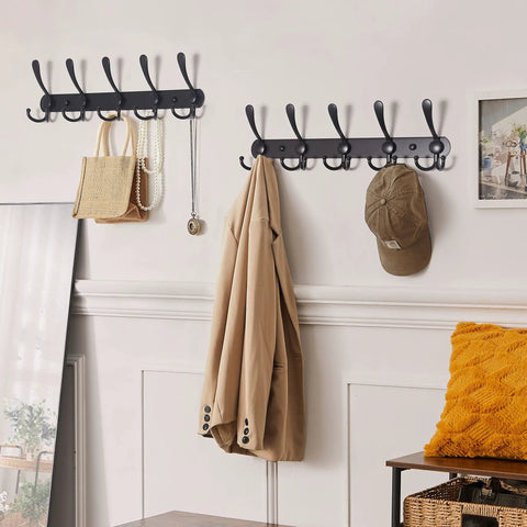 Wall mount coat rack with five tri hooks tough as nails built to last heavy duty stainless steel rail for coats hats towels black finish