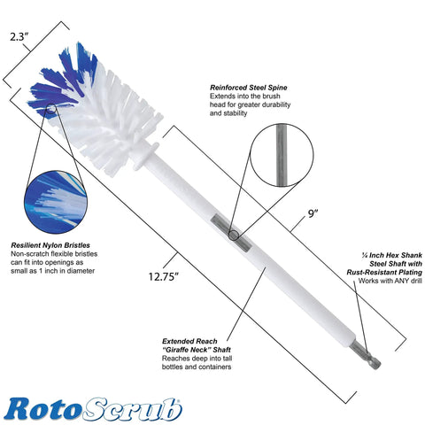 Drill Powered Bottle Brush Cleaner For Water Bottles Mugs Cups Pots Glasses Jars Blenders And Pitchers with measurement details.