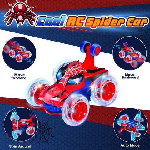 Rad Spider RC Car For Boys Aged 4 To 7, 360 Flip Monster Crawler with 4WD, featuring light up wheels and LED night glow.