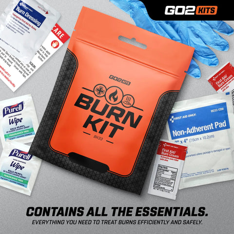 Go2Kits Burn Kit in orange carrying pouch with black grid pattern; portable burn first-aid kit.