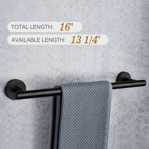 Must Have Matte Black Bathroom Accessories Set 16 Inch Hand Towel Bar Wall Mounted 4 Piece With Toilet Paper Holder And Two Robe Hooks Durable SUS304 Stainless Steel Hardware on gray wall with towel