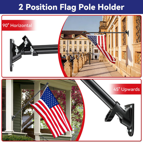 Flag Pole Kit For House Exterior With 5 Foot Heavy Duty Steel Pole And 3 By 5 Embroidered USA Flag, 2 position holder