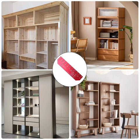 Collage of various cabinet installations alongside a red 11 Hole Shelf Pin Jig With Self Clamping Hinge Drill Guide Pro Grade For Cabinets