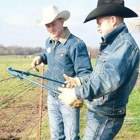 Two men using Effortless Fence Fixer Barbed Wire Stretcher And Tightener For Barbed Wire Electric Fence Wire Horse Fencing And Net Wire Fencing 60 Second Stretch For Water Gaps And Short Runs Made In The USA in a field.