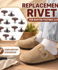 Heavy Duty Zinc Alloy Replacement Rivets For Cork Potato Clogs And Suede Rubber Footwear With Screwdriver displayed beside beige clogs.