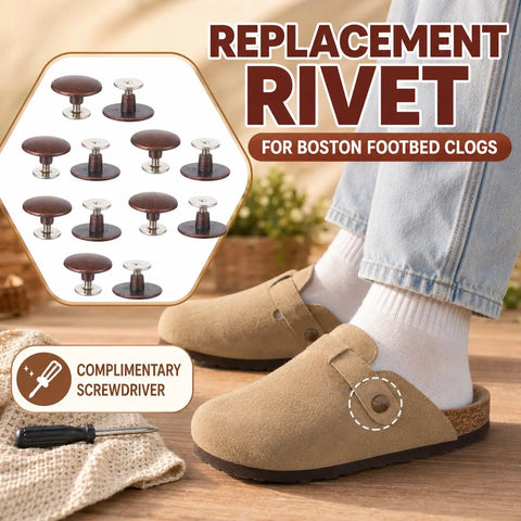 Heavy Duty Zinc Alloy Replacement Rivets For Cork Potato Clogs And Suede Rubber Footwear With Screwdriver displayed beside beige clogs.
