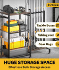 28 Rod Ground Stand Fishing Rod Holder Rack for Garage, 3 Sided Vertical Display with tackle boxes and gear storage