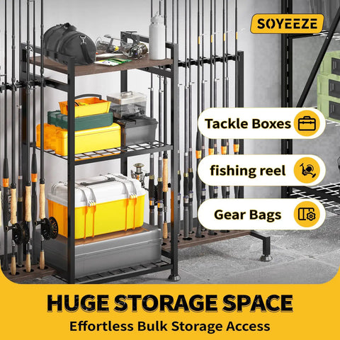 28 Rod Ground Stand Fishing Rod Holder Rack for Garage, 3 Sided Vertical Display with tackle boxes and gear storage