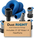 Flexiport Power Tool Hose Kit With 3 To 12 Foot Expandable Hose And Four FlexiPorts For Lightweight Dust Collection From Woodworking Tools And Shop Vacuums Featuring Quick Click Connect System For Fast Tool Transitions.
