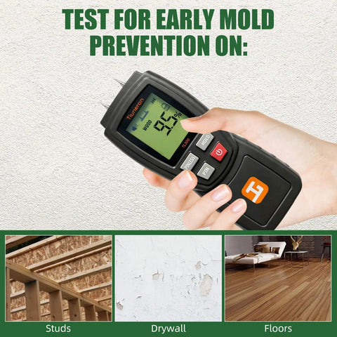 Dual Mode Moisture Meter For Wood And Building Materials Pin And Pinless 2 In 1 Moisture Detector With Backlight And Buzzer in hand on drywall