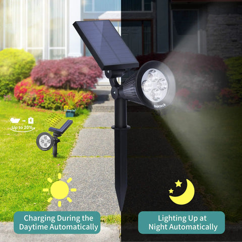4 Pack Outdoor Solar Lights 2 In 1 Spotlight Kit With Auto On Off, showing daytime charging and nighttime illumination path