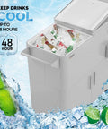 80 Quart Rolling Ice Chest On Wheels For Outdoor Parties filled with ice and drinks, showing shelf and built-in storage cabinet.