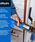 User demonstrating No Fuss Heavy Duty 18V Cordless Hydraulic Copper Pipe Crimping Tool With Slick Brushless Motor for plumbing.