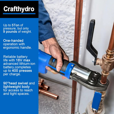 User demonstrating No Fuss Heavy Duty 18V Cordless Hydraulic Copper Pipe Crimping Tool With Slick Brushless Motor for plumbing.
