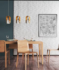 Dining room with wood table set against White And Silver Peel And Stick Wallpaper Modern Geometric Hexagon Pattern 17.7 In By 393 In Self Adhesive Removable Wall Covering For Cabinets And Shelves Vinyl Waterproof Easy Clean Thick Durable Contact Paper