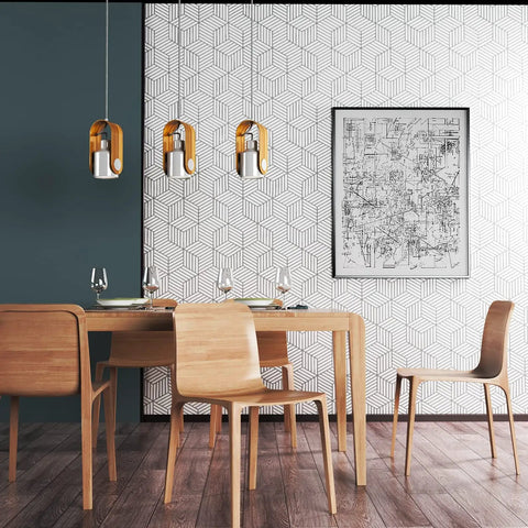 Dining room with wood table set against White And Silver Peel And Stick Wallpaper Modern Geometric Hexagon Pattern 17.7 In By 393 In Self Adhesive Removable Wall Covering For Cabinets And Shelves Vinyl Waterproof Easy Clean Thick Durable Contact Paper