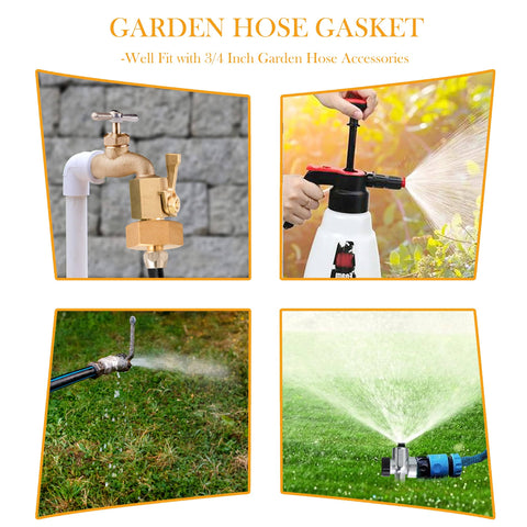 Four images showing garden hose gaskets used with a faucet, foam sprayer, and sprinklers for leak-proof seals in DIY maintenance.