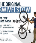 Man using Two Pack Wall Mount Bike Rack Set For Garage Storage Holds Two Mountain Bikes Up To 70 Lb Each No Lift Vertical Hanger For Quick Access And Space Saving Heavy Duty Steel.