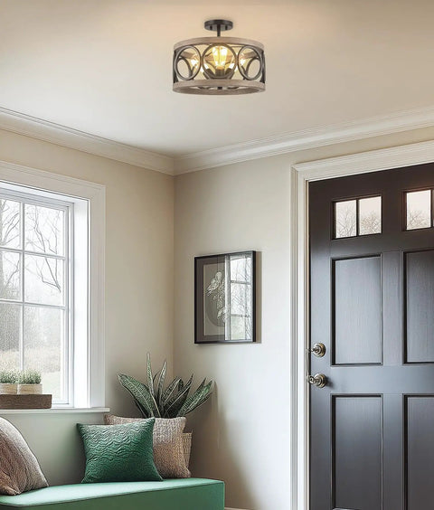 Larkin 15-Inch 3-Light Modern Farmhouse Semi Flush Mount Ceiling Light With Open Drum Style in entryway.