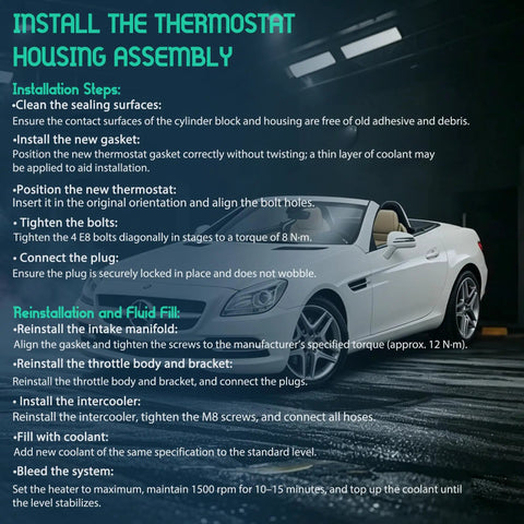 Premium Cooling System Water Pump Thermostat For Mercedes Benz C200 C300 E300 Glc250 Glc300 shown in car repair setup.