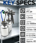 Heavy Duty Dual Head Paint Spray Gun With Knockout Twin Aluminum Cups for fast coverage, featuring 1.3mm nozzle and twin 1000ml cups.