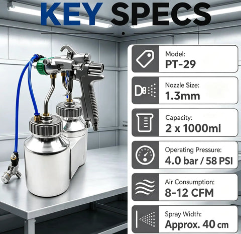Heavy Duty Dual Head Paint Spray Gun With Knockout Twin Aluminum Cups for fast coverage, featuring 1.3mm nozzle and twin 1000ml cups.
