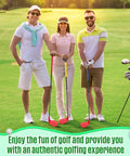 Three people standing in a sunny park with bright golf clubs from the 4 Pack Backyard Golf Club Set For Kids And Adults.