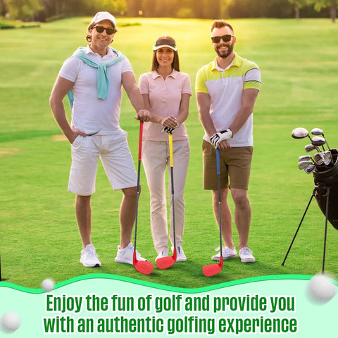 Three people standing in a sunny park with bright golf clubs from the 4 Pack Backyard Golf Club Set For Kids And Adults.