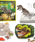 Hands On Dino Fossil Dig Kit For Kids Ages 5 To 7 And 8 To 12 With Real Fossils Teeth Claws And Lava Stones 3D T Rex Skeleton Build Egg Dig Kit Perfect Birthday Gift For Boys And Girls featuring 3D T-Rex skeleton, dino eggs, tools.