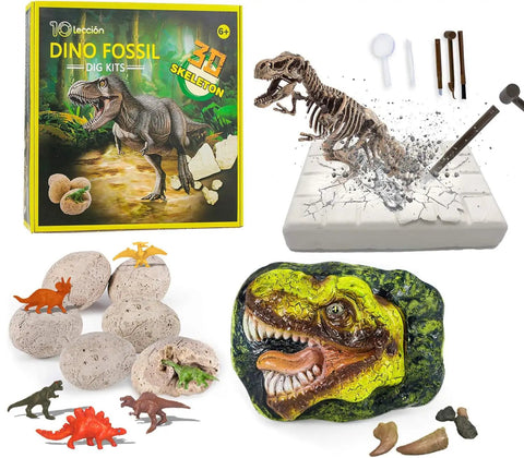 Hands On Dino Fossil Dig Kit For Kids Ages 5 To 7 And 8 To 12 With Real Fossils Teeth Claws And Lava Stones 3D T Rex Skeleton Build Egg Dig Kit Perfect Birthday Gift For Boys And Girls featuring 3D T-Rex skeleton, dino eggs, tools.