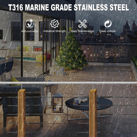 T316 marine-grade stainless steel cable railing on balcony with decorations, showcasing 30 Pairs Stainless Steel Adjustable Angle One Eighth Inch Wire Rope Cable Railing Hardware Kit For Wood Posts With Beefy Swage Toggle Turnbuckles And End Fittings 316 Marine Grade 180 Degree Adjustable Base.