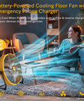 16 Inch Battery Powered Floor Fan With 2500 CFM High Velocity Airflow in living room with woman on couch, emergency phone charger
