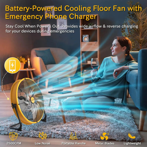 16 Inch Battery Powered Floor Fan With 2500 CFM High Velocity Airflow in living room with woman on couch, emergency phone charger