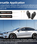 Two Pack Urethane Windshield Adhesive Sealant For Cars Quick Curing Polyurethane Glass Repair Kit With Gloves Weather Resistant Black 310ml shown in use on a car.