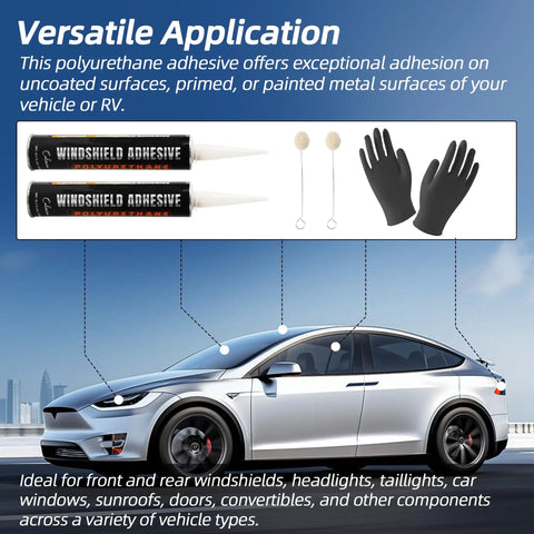 Two Pack Urethane Windshield Adhesive Sealant For Cars Quick Curing Polyurethane Glass Repair Kit With Gloves Weather Resistant Black 310ml shown in use on a car.