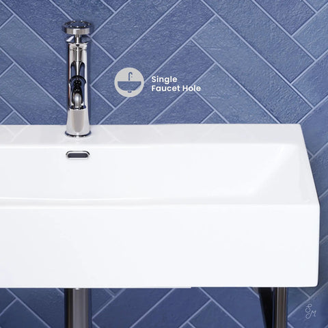 Claire 30 Inch Ceramic Console Sink With Glossy White Basin, Scratch Resistant Non Porous Ceramic, Single Faucet Hole