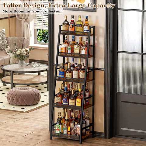 Roomy 5 Tier Trapezoid Liquor Cabinet For Home Bar Space with dozens of bottles on a black wooden rack.