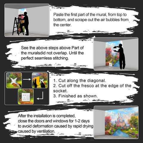 Instruction sheet for installing Large Fabric Mural Wallpaper For Living Room And Bedroom 108x75 Inches Not Peel And Stick 5 Panels