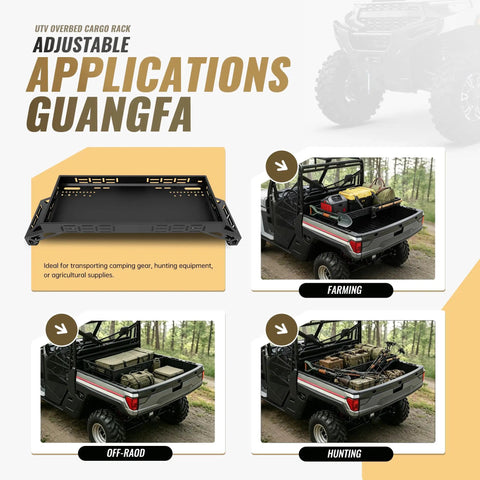 Badass Universal UTV Overbed Cargo Rack With Adjustable Mounting Brackets That Install Fast And Fit Most Side By Side Beds For Zero Headache Gear Storing shown mounted on UTV with gear for farming, camping, and hunting.