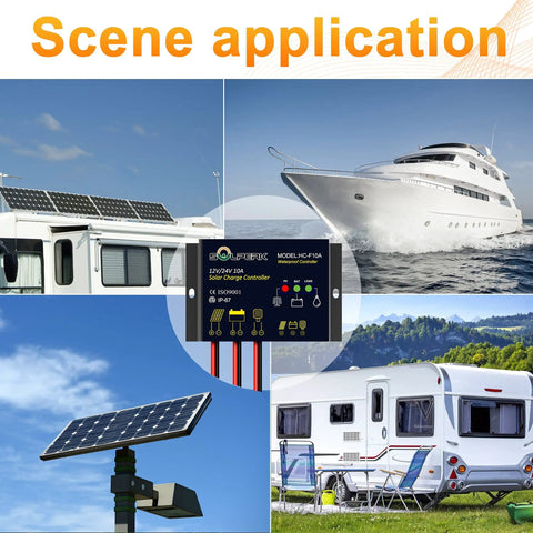 Off Grid Ready 10A Solar Charge Controller for 12V and 24V Systems with applications on RVs, boats, and solar panels