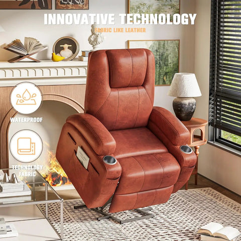 Power Lift Recliner Chair For Elderly With Cup Holders And Side Pockets, Electric Lift Sofa For Living Room, Leathaire Dark Brown Finish