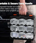Person holding double-sided parts organizer box with eighteen removable bins portable screw and hardware storage case.