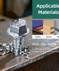 Heavy Duty Hex Head Self Tapping Screws 25 Pack 12 X 3/4 Inch Zinc Flanged on metal surface with sawdust and anti-slip teeth.