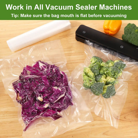 Six 11 Inch By 20 Foot Vacuum Sealer Bags Rolls For Food Storage BPA Free with vegetables and vacuum sealer machine