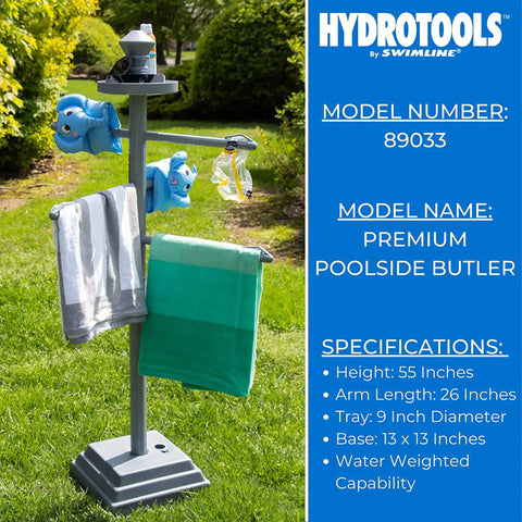 Premium Free Standing Poolside Towel Rack With Water Weighted Base All Weather Ready And Adjustable Three Arm Design Secure Clips For Outdoors And Indoors Drying Stand Towel Organizer For Patio And Pool Area, towels on rack in grass.