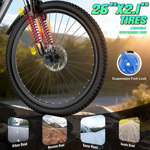 Close-up of 26"x2.1" tires on Ride Ready Adult Electric Bike 26 Inch Commuter with lockable suspension fork.
